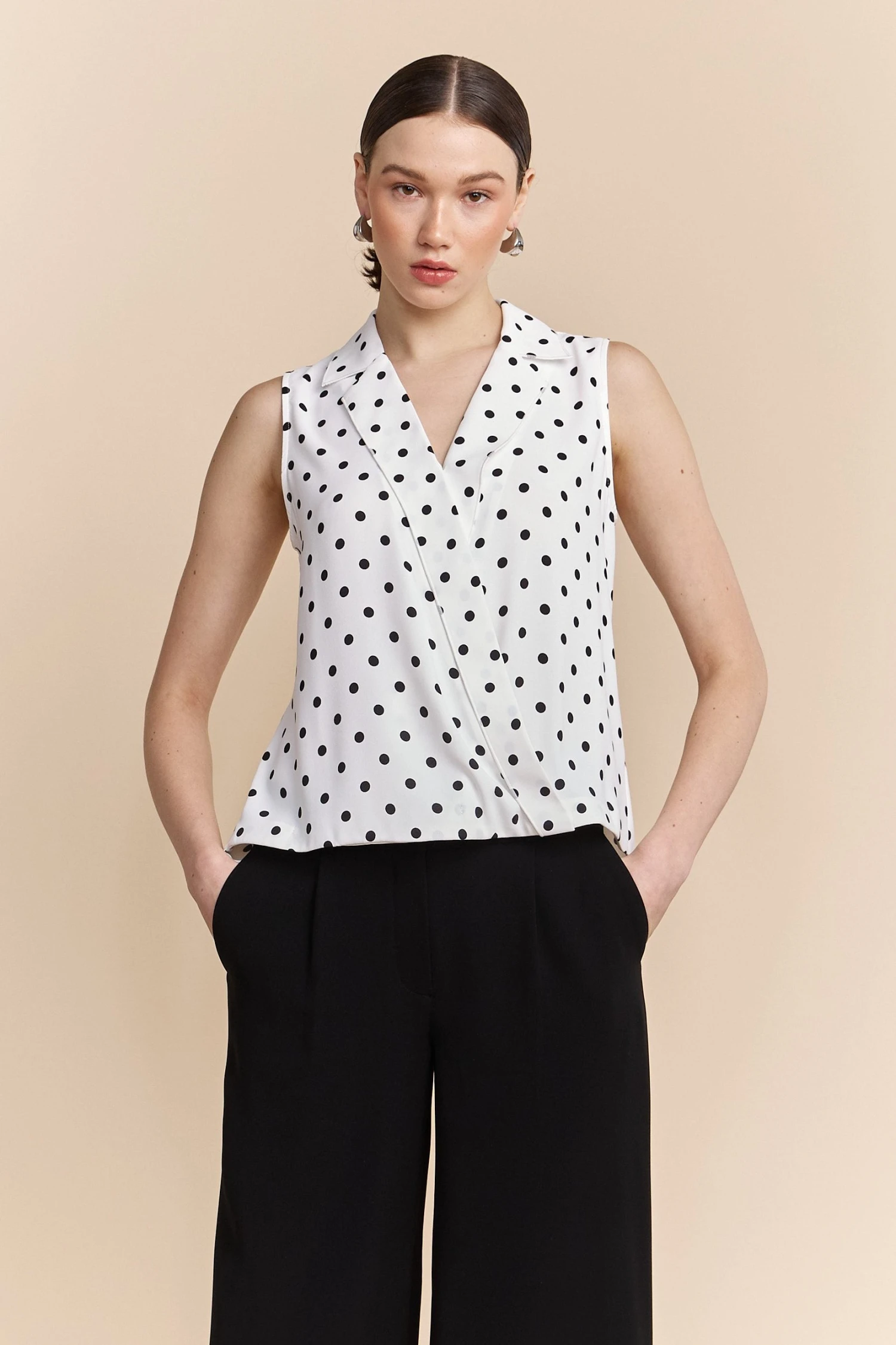Polka Dots Sleeveless Top With Draped Front - Image 2