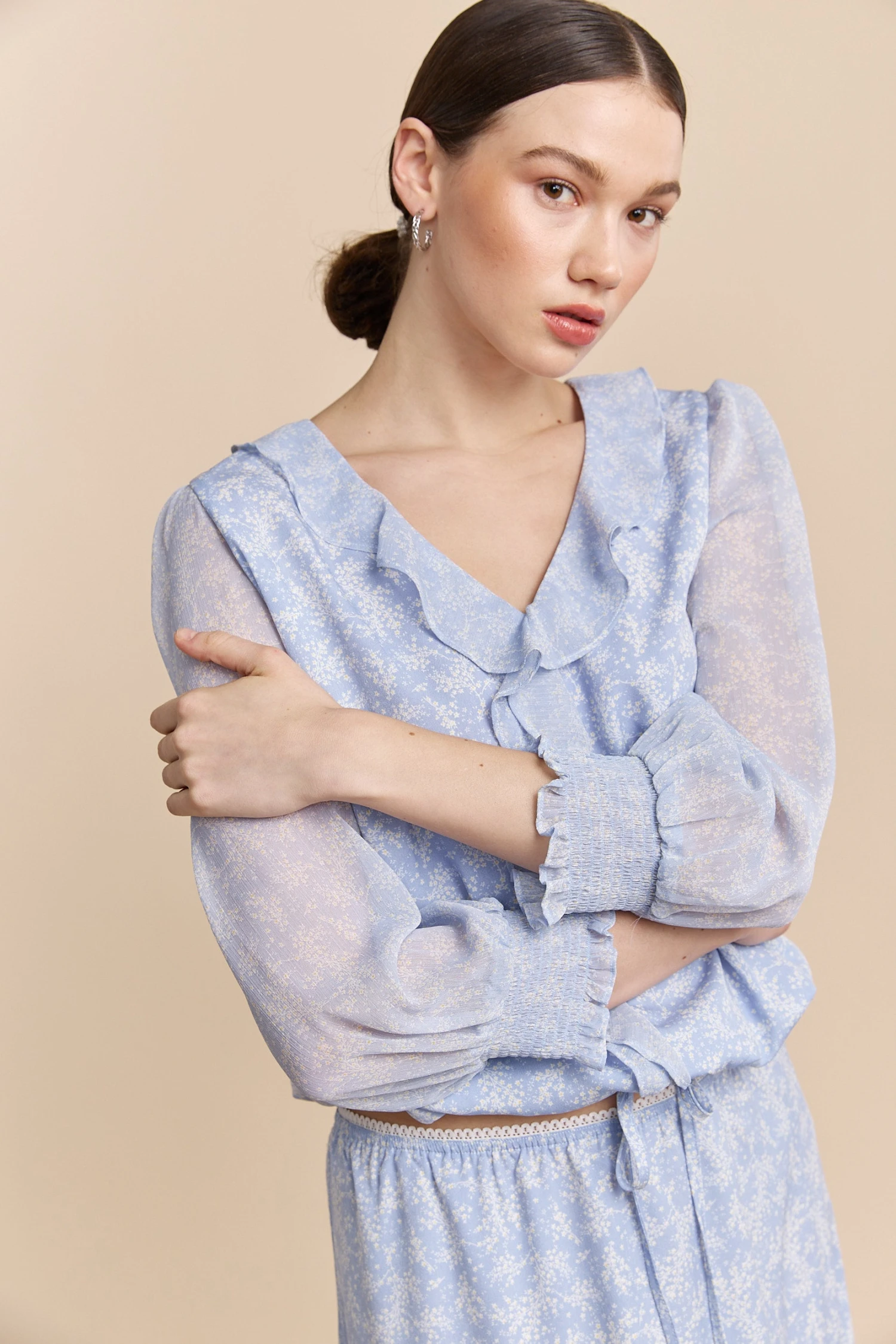 Floral Printed Blouse With Frills - Image 2