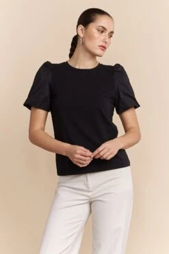 Mixted Fabrics Top With Puffy Sleeves