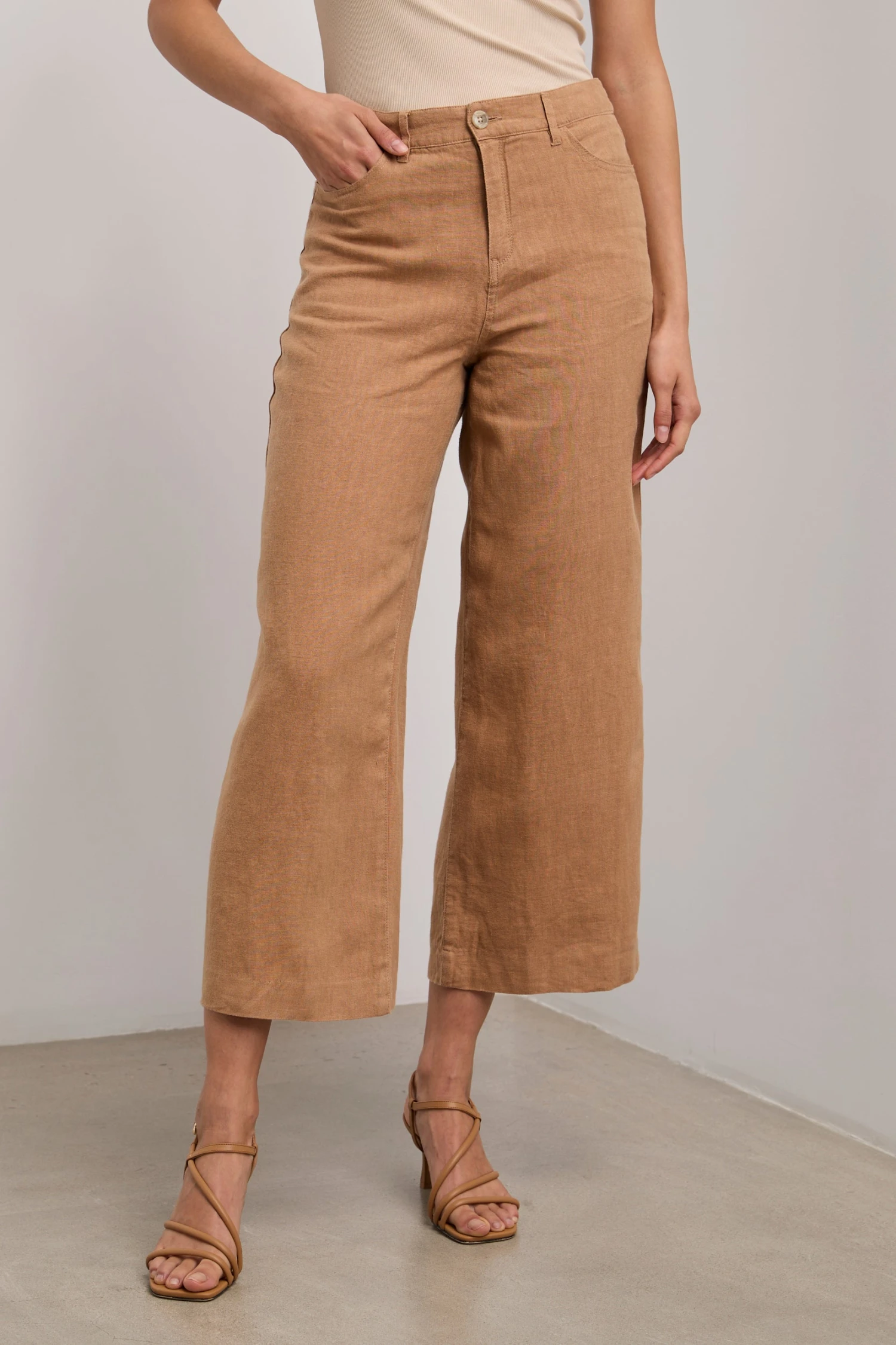 Wide Leg Crop High Waist Linen Pants - Image 2