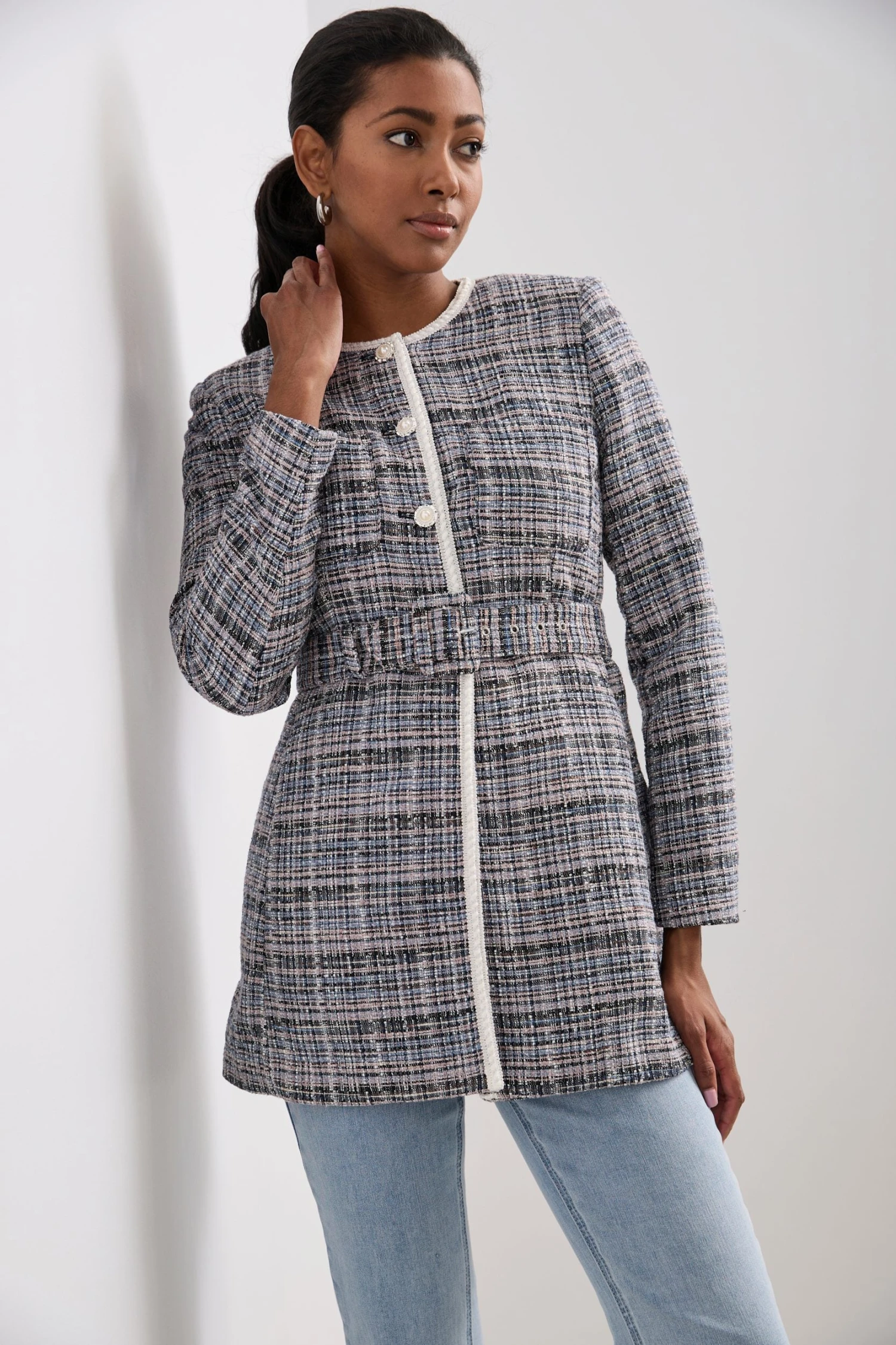 Long Textured Blazer With Belt